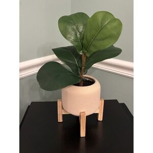 11.5" Faux Fiddle Leaf Plant with Stone Pot and Wooden Stand - Threshold